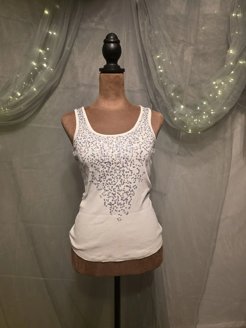 Express Size XS White Tank Top with Silver Sequin Detail